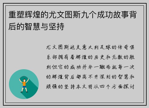 重塑辉煌的尤文图斯九个成功故事背后的智慧与坚持 重塑辉煌的尤文图斯九个成功故事背后的智慧与坚持