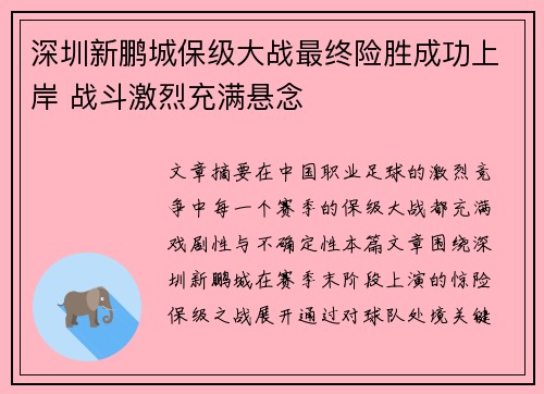 深圳新鹏城保级大战最终险胜成功上岸 战斗激烈充满悬念